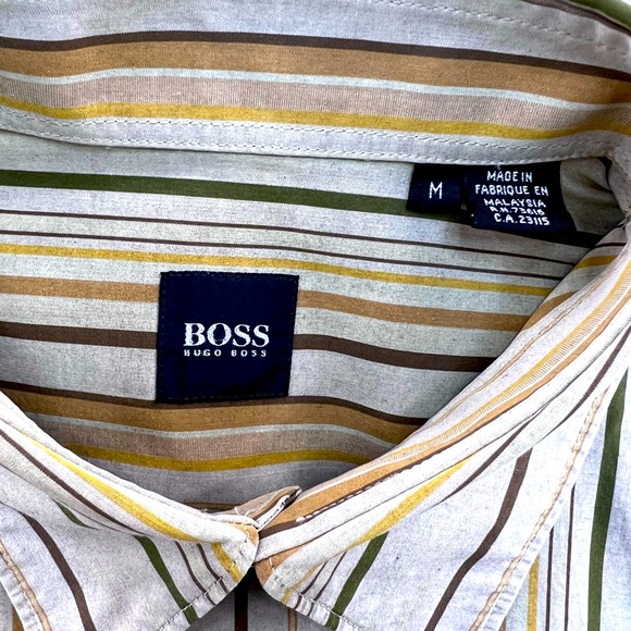 BOSS HUGO BOSS MENS LONG SLEEVES SIZE M, DARK TAN BASE WITH BROWN & GREEN LINES - Picture 7 of 15